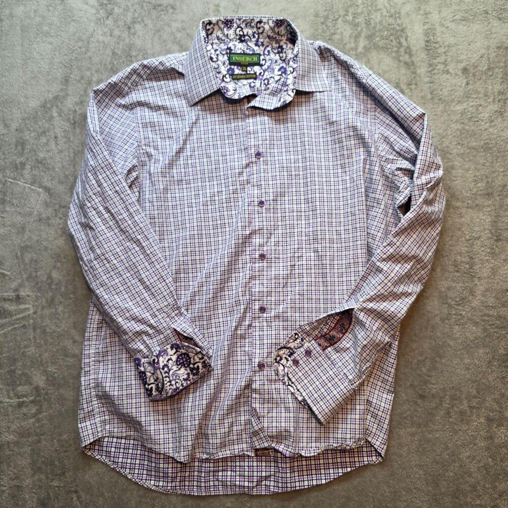 Inserch Button Up Shirt Mens 2XL Purple Check Long Sleeve Contrast Trim